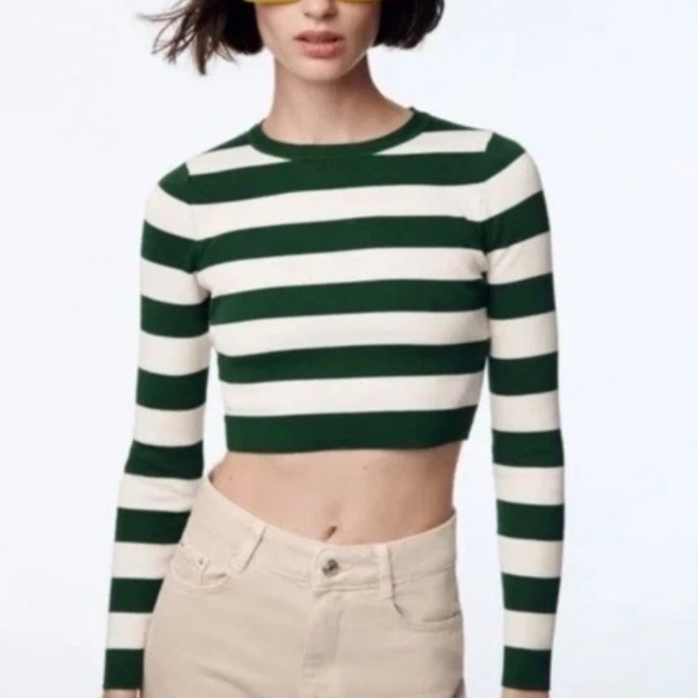 ZARA Striped Long Sleeve Cropped Sweater Top Green Cream Size S